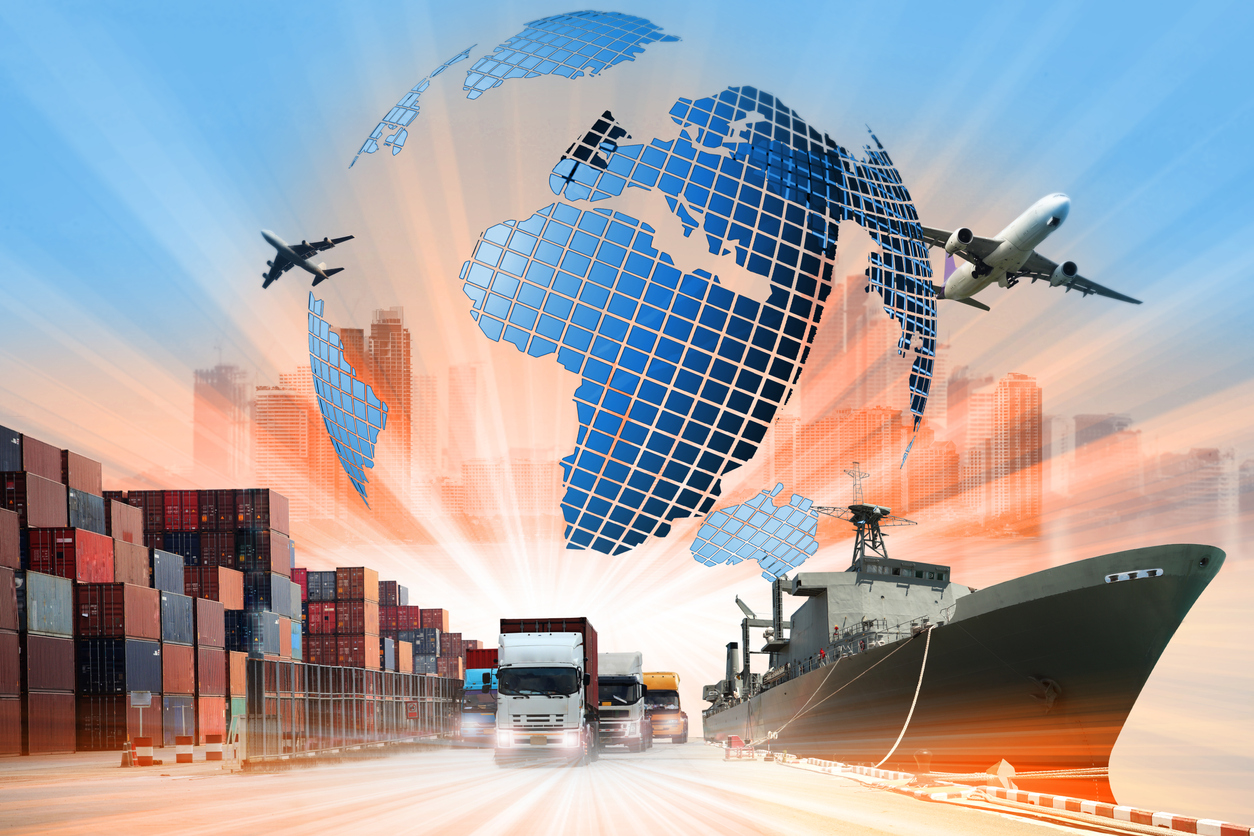 the world logistics background or transportation industry or shipping business, container cargo shipment , truck delivery, airplane , import export concept